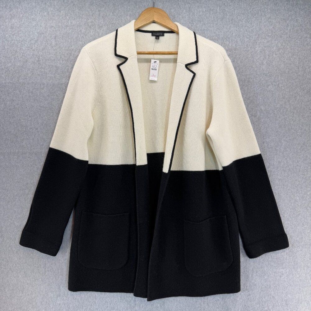 NWT Talbots Cream Black Colorblock Long Wool Blend Open Cardigan Sweater Pockets